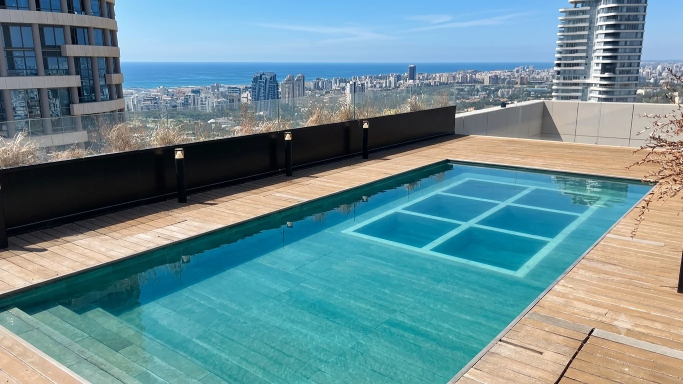 The actual private rooftop swimming pool and Tel Aviv skyline